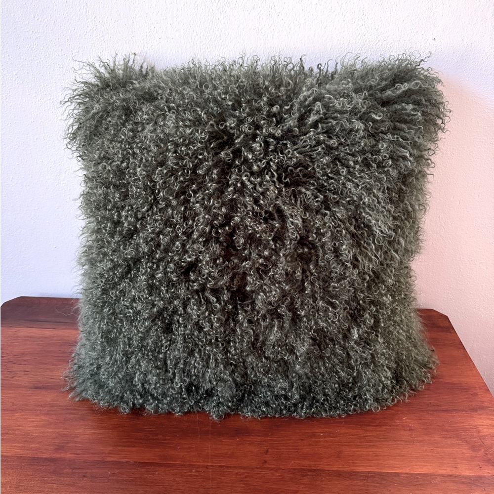 Moss green Mongolian sheep wool throw pillow